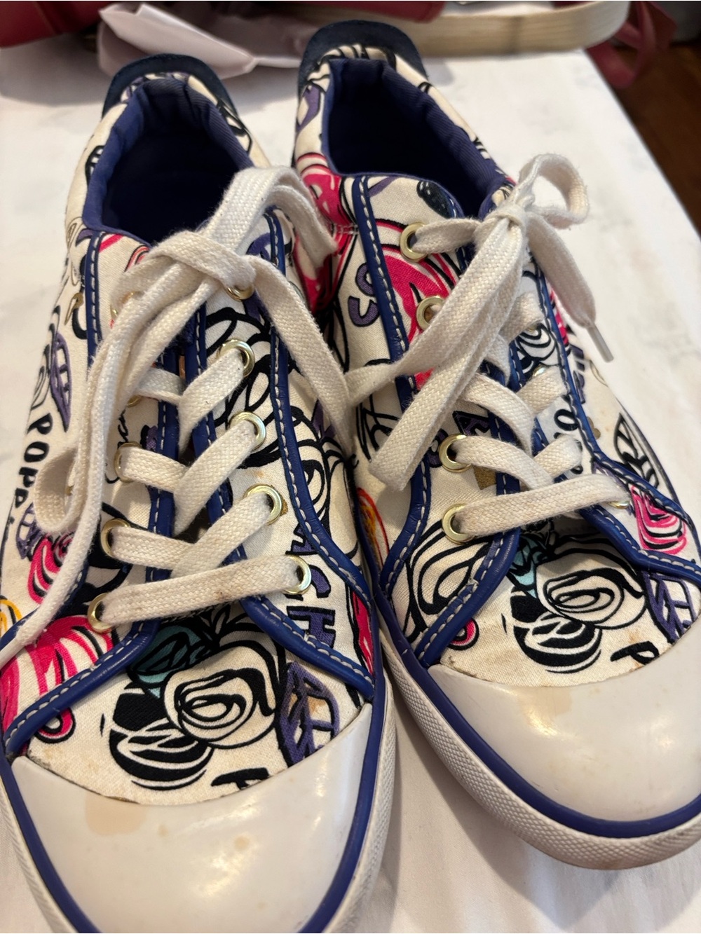 Coach Floral & Peace Sign Canvas Sneakers in White, Blue, Pink